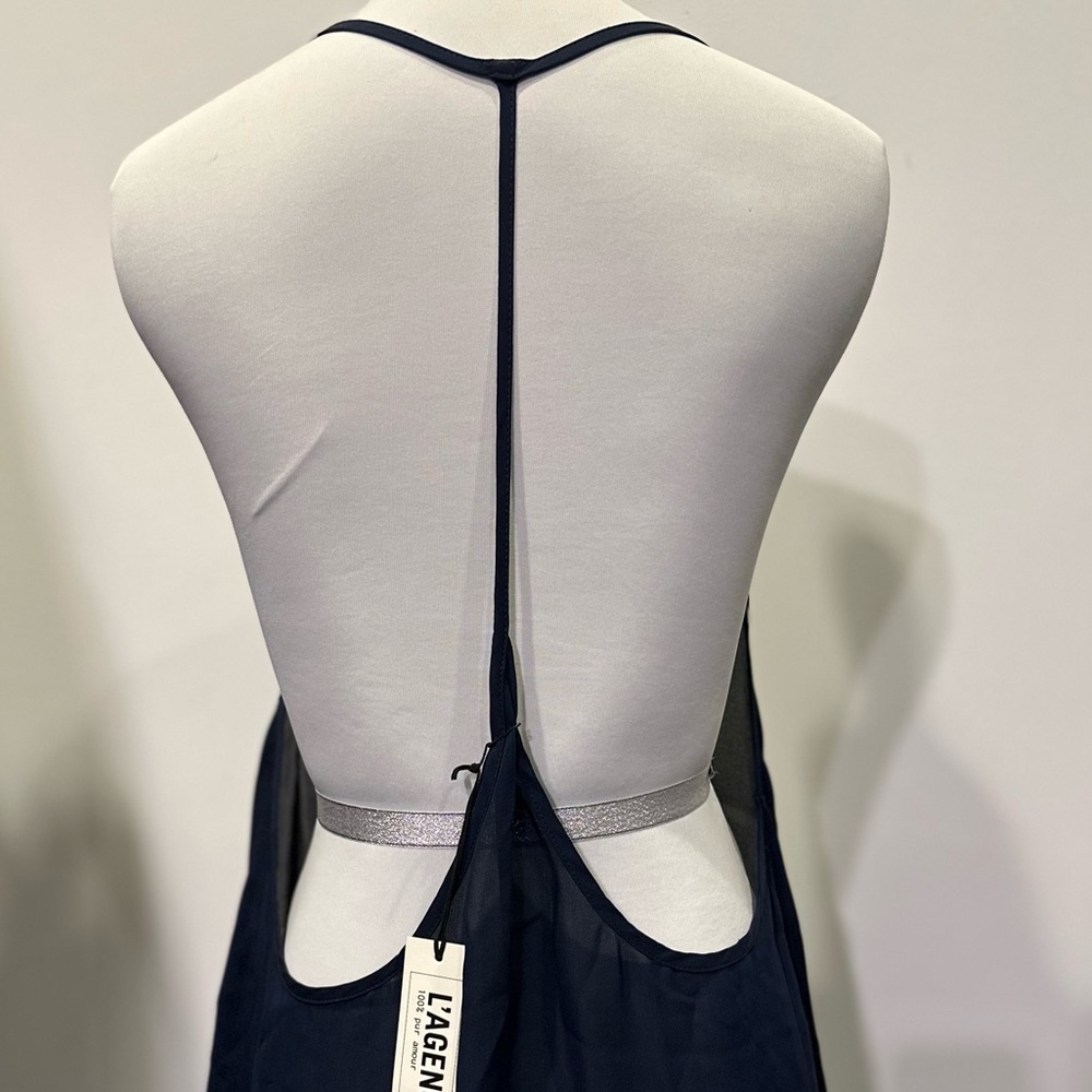 NWT L’Agence 100% sheer silk T-back navy camisole-3 - Picture 4 of 8